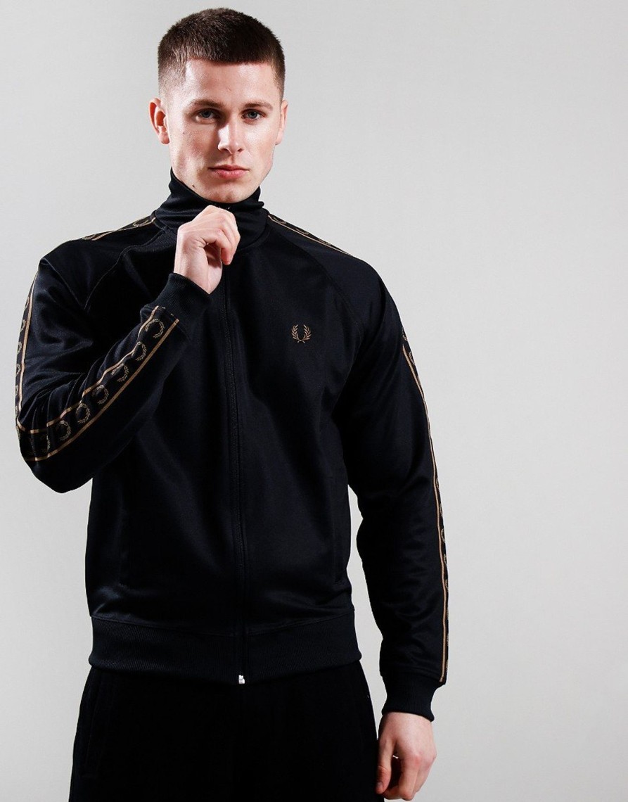 Clothing Fred Perry Track Tops | Fred Perry Contrast Tape Track Top Black/Warm Stone (S)