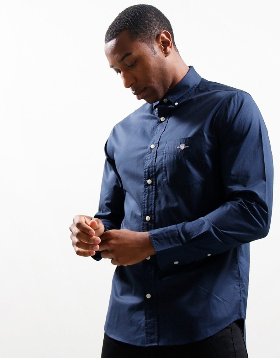 Clothing GANT Shirts | Gant Long Sleeve Regular Fit Poplin Shirt Marine (M)