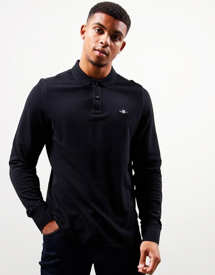 Clothing GANT Polo Shirts | Gant Shield Long Sleeve Pique Polo Shirt Black (M)