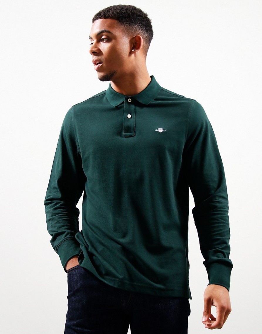 Clothing GANT Polo Shirts | Gant Shield Long Sleeve Pique Polo Shirt Tartan Green (M)