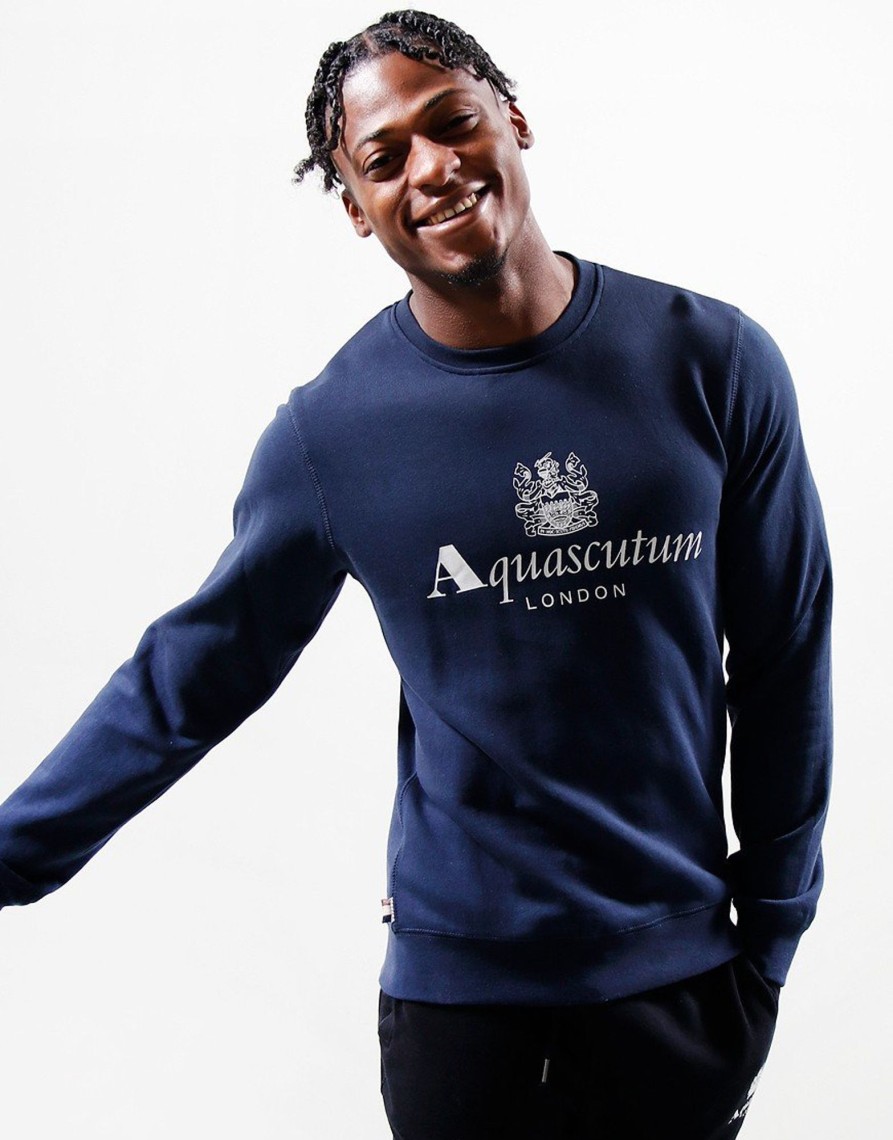 Clothing Aquascutum Sweats | Aquascutum Large Logo Crew Sweat Navy (S)