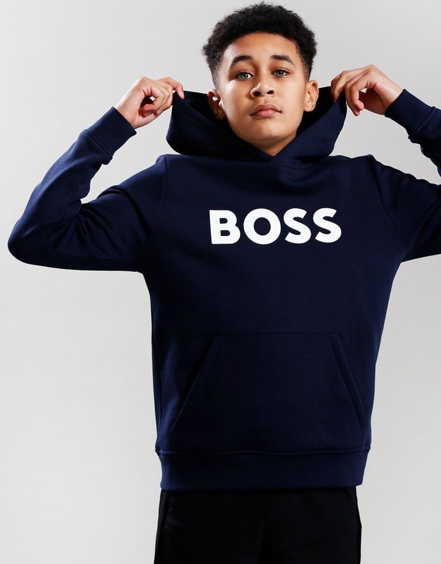 Clothing BOSS Kids Sweats | Boss Kids Large Logo Hoodie Navy (10Yr)